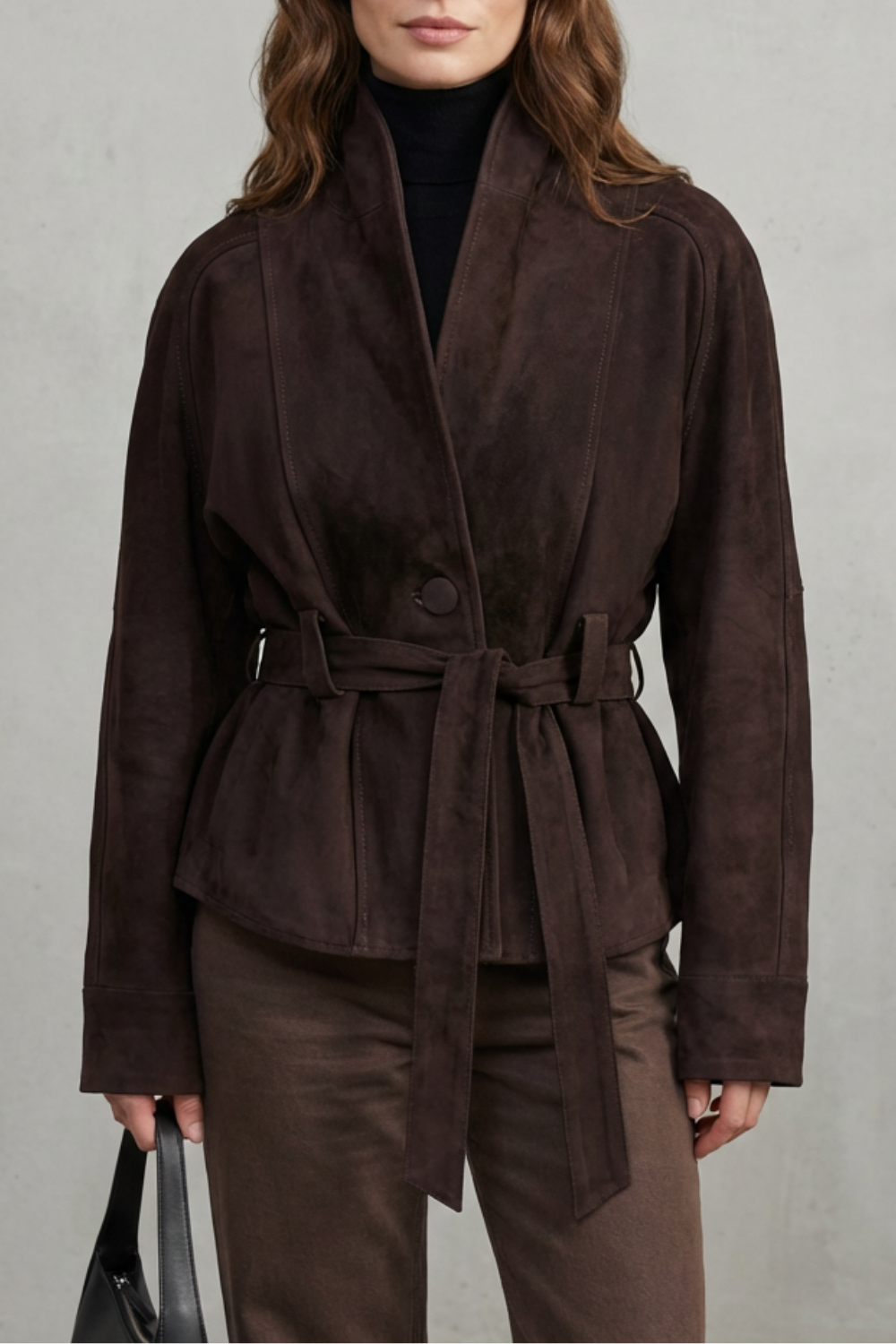 Women's Belted Suede Jacket Cropped Shawl Collar Single Button Brown