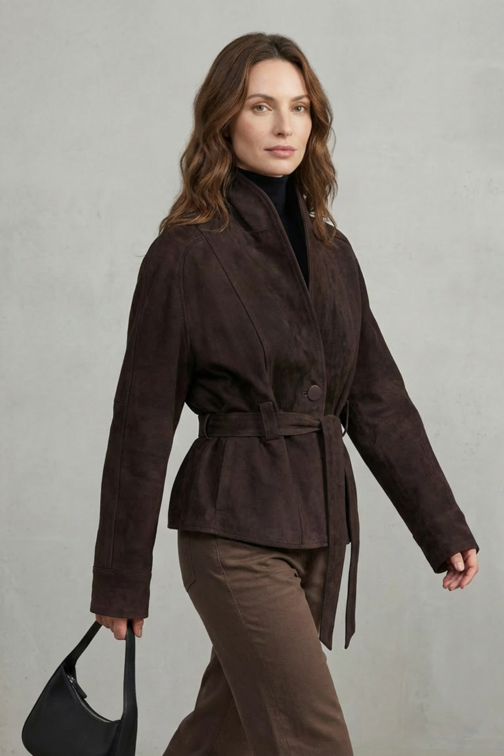 Women's Belted Suede Jacket Cropped Shawl Collar Single Button Brown