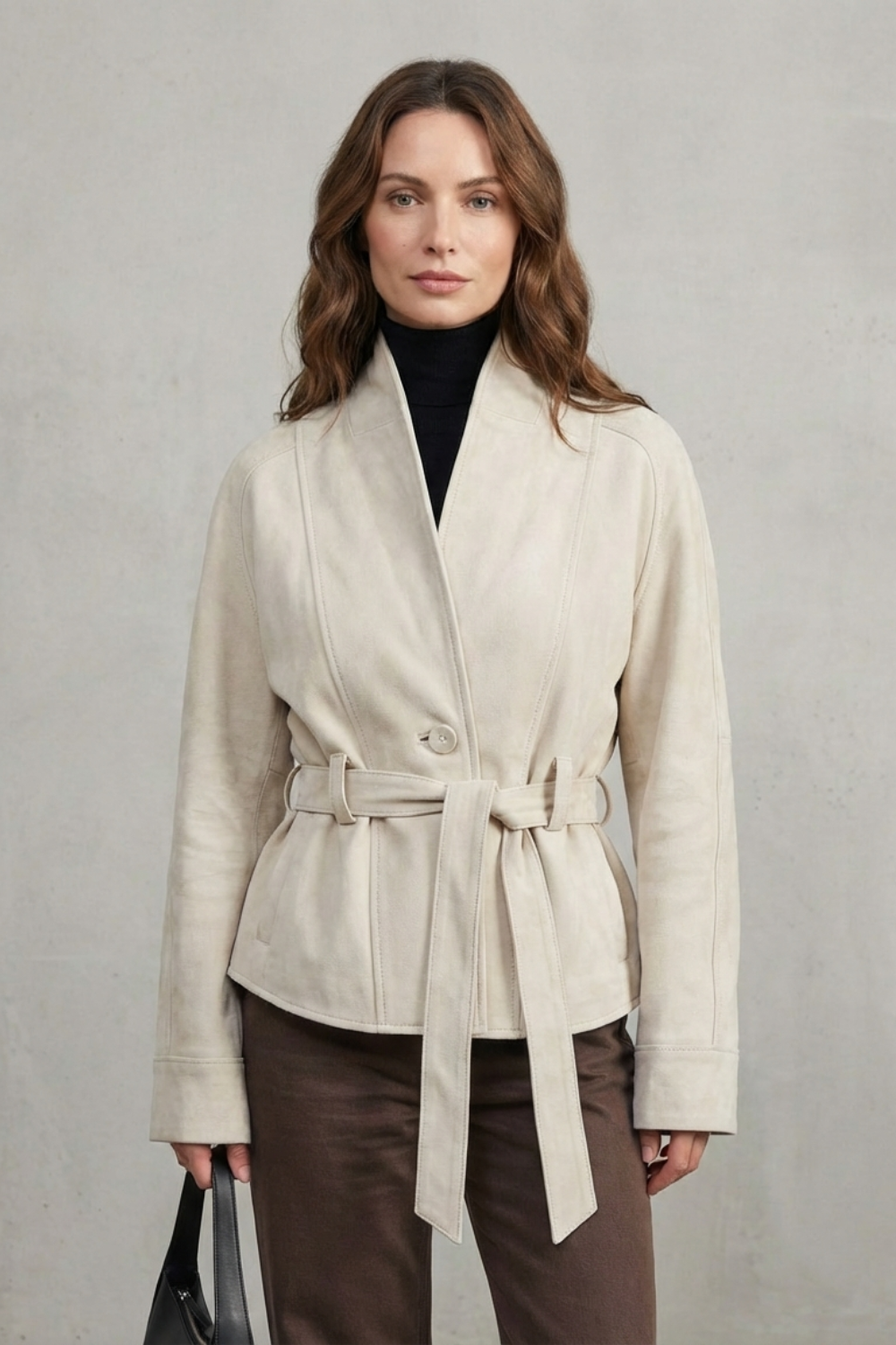 Women's Belted Suede Jacket Cropped Shawl Collar Single Button Brown