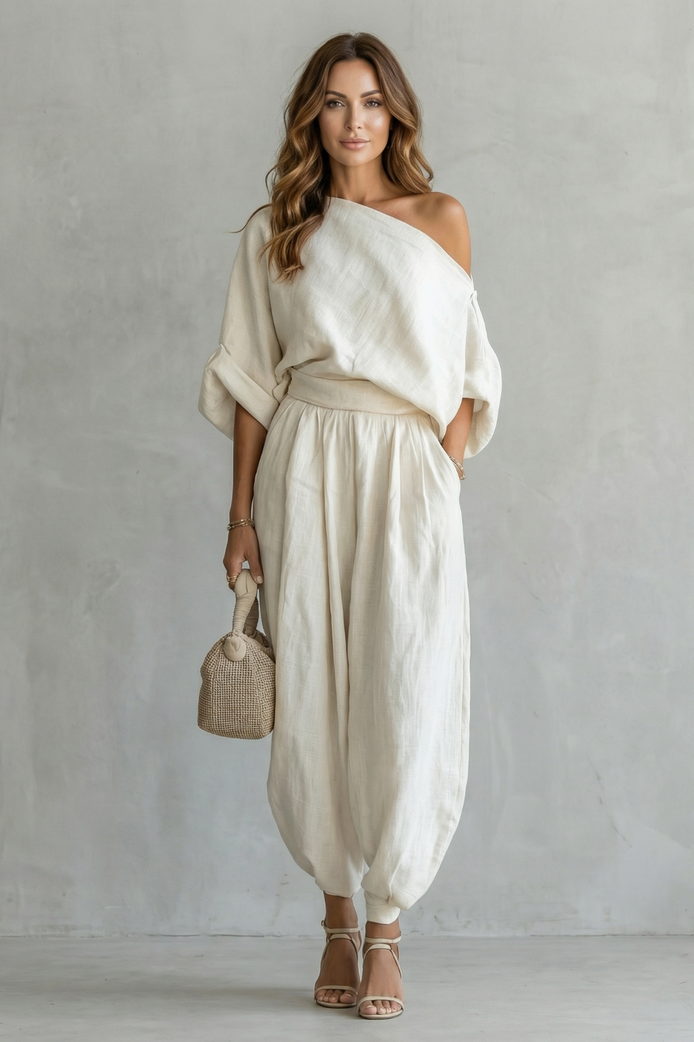 Women's Off Shoulder Two Piece Set Batwing Sleeve Jogger Pants Casual