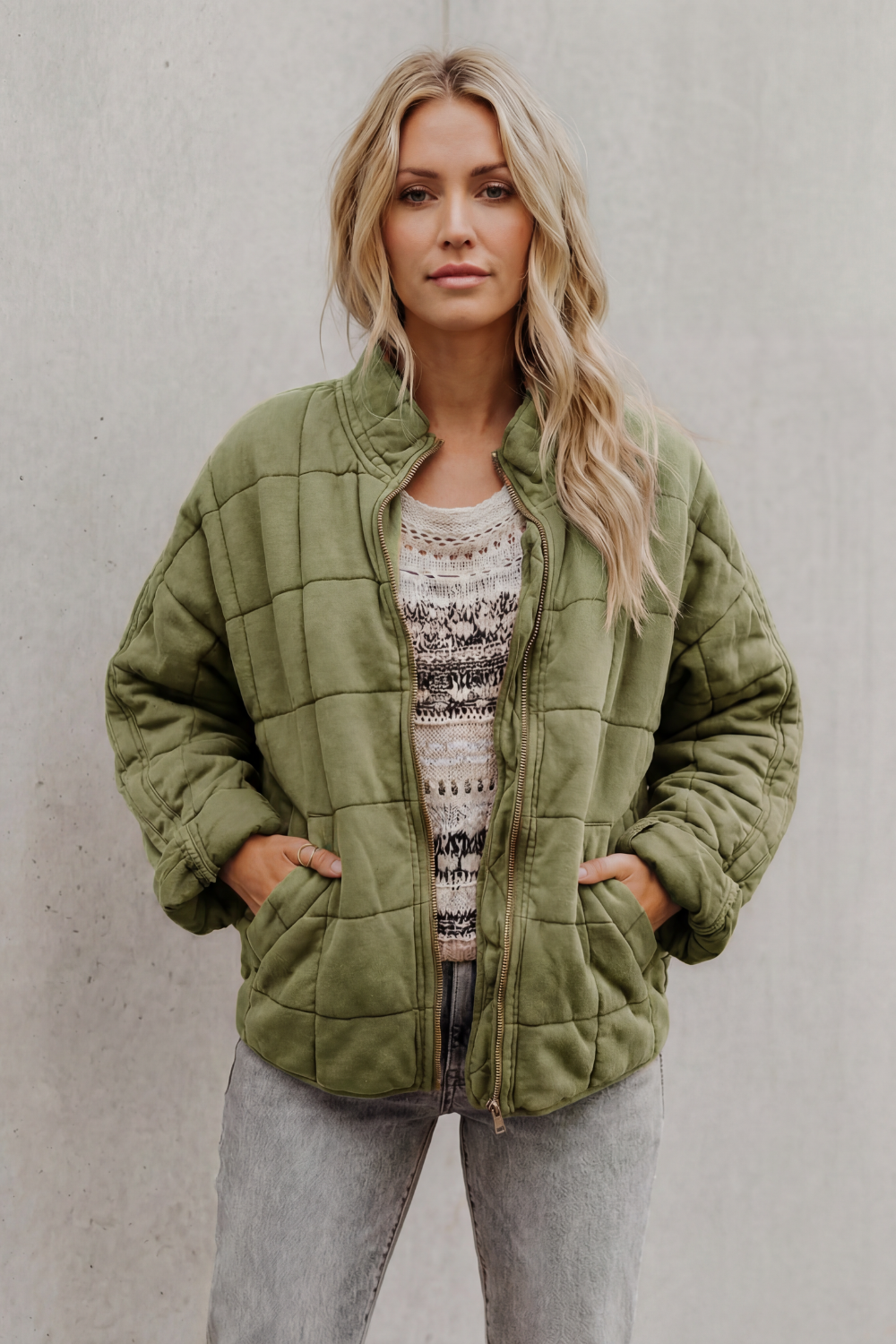 Women's Quilted Bomber Jacket Zip-Up Stand Collar Olive Green Everyday
