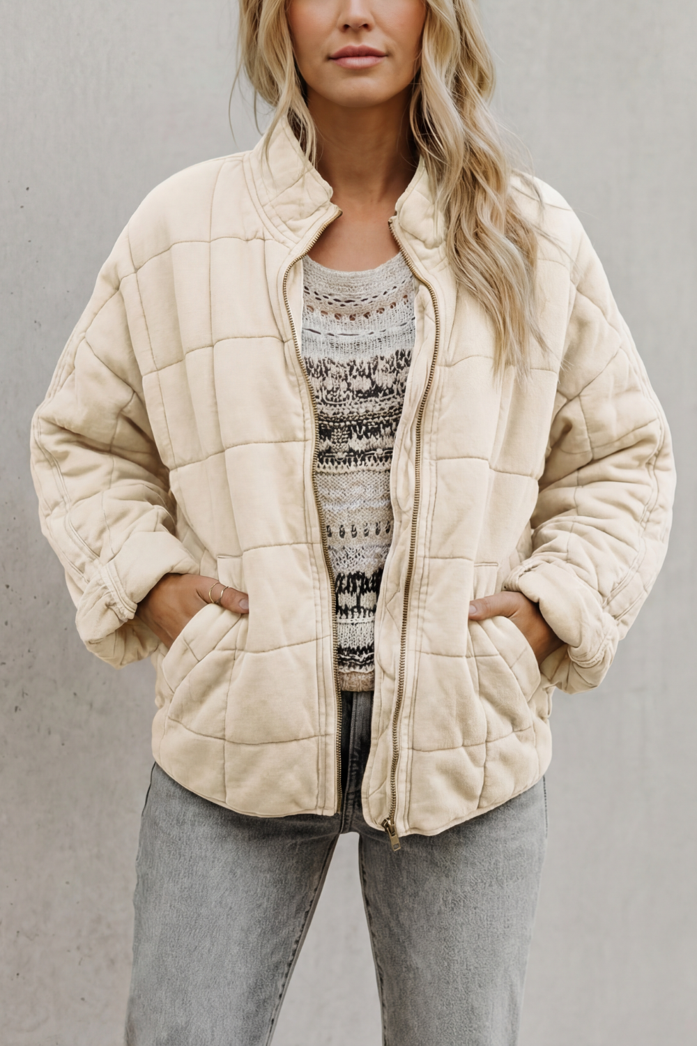 Women's Quilted Bomber Jacket Zip-Up Stand Collar Olive Green Everyday