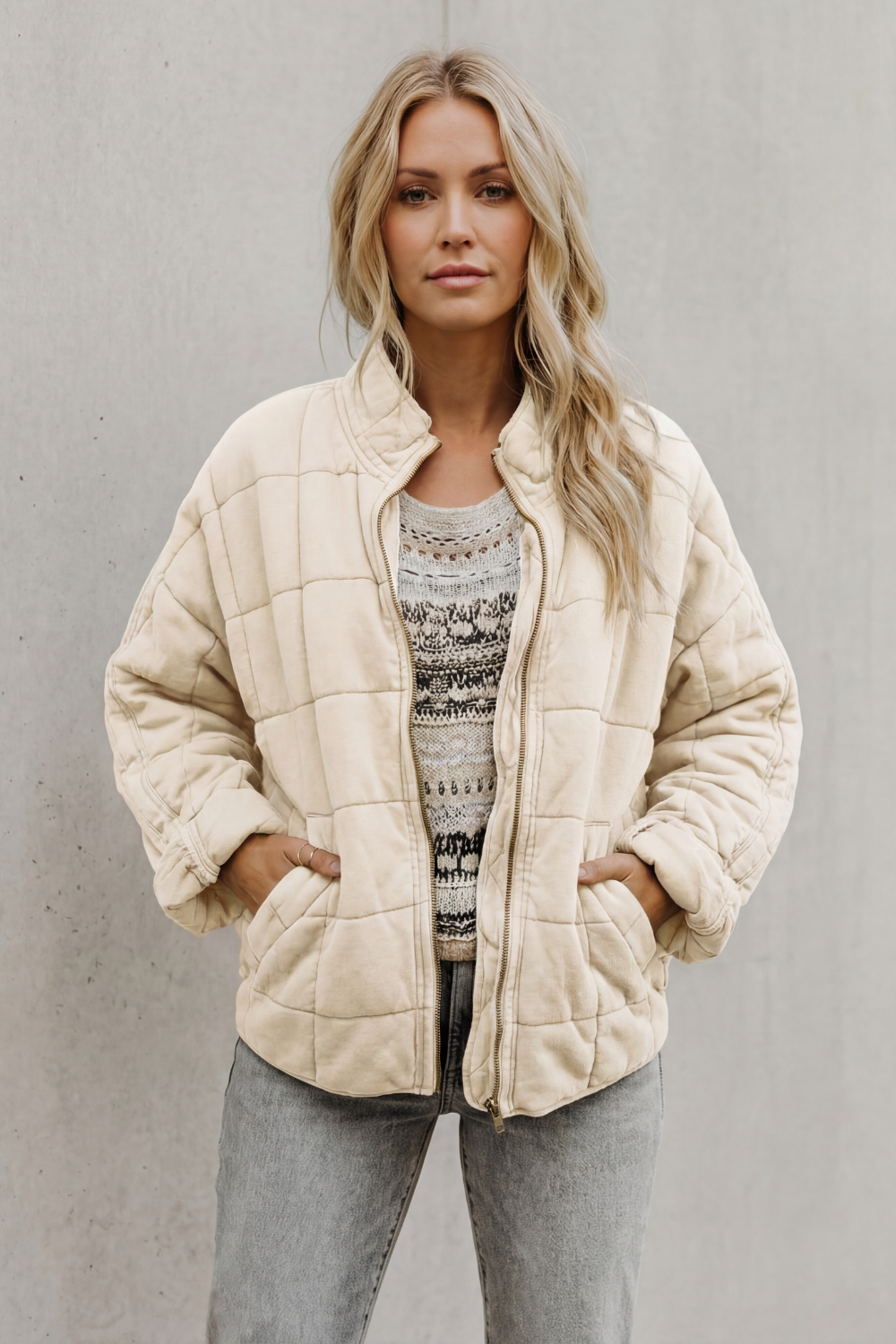 Women's Quilted Bomber Jacket Zip-Up Stand Collar Olive Green Everyday