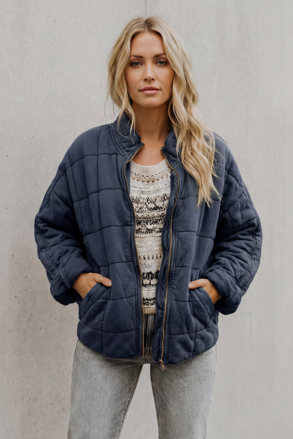 Women's Quilted Bomber Jacket Zip-Up Stand Collar Olive Green Everyday