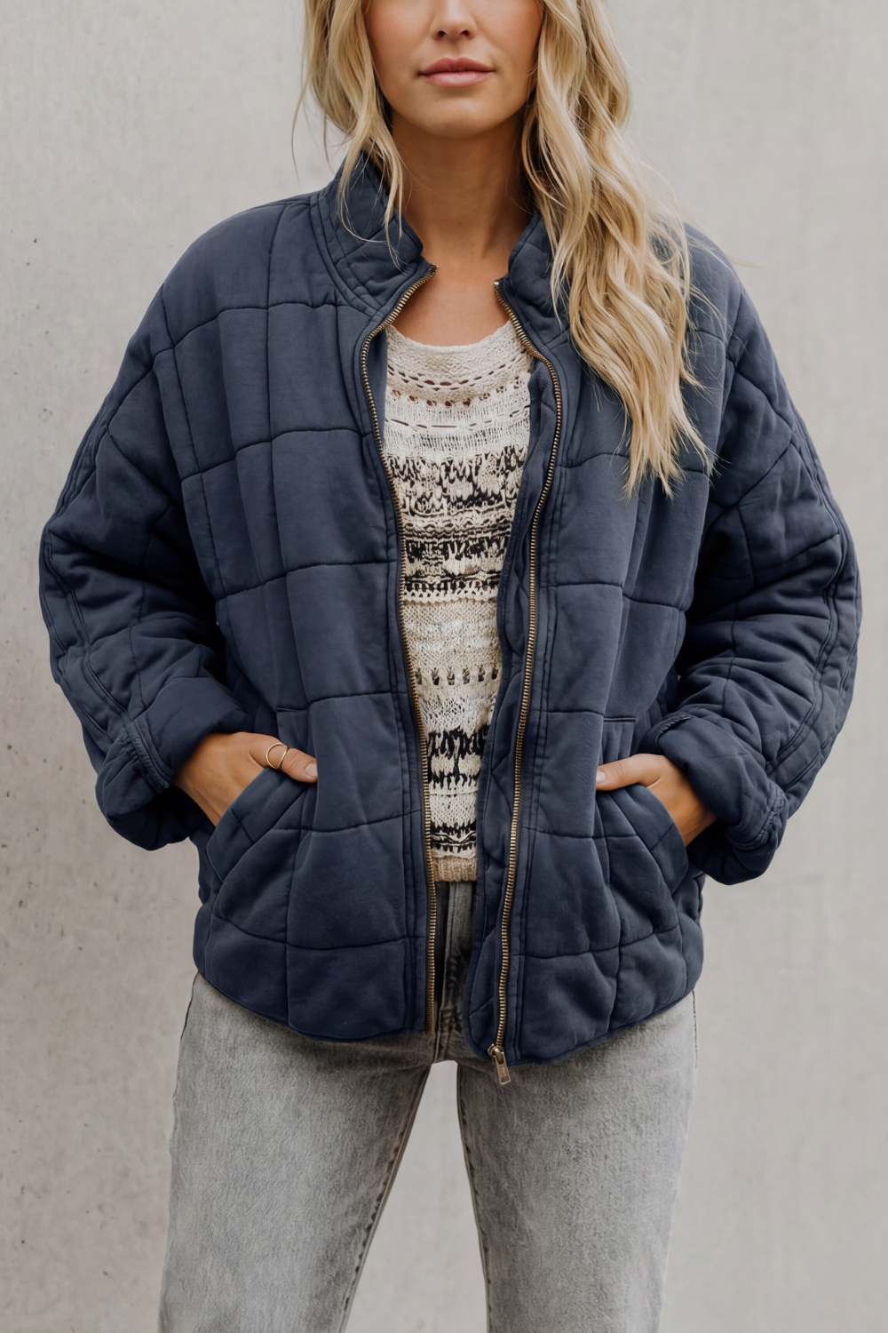 Women's Quilted Bomber Jacket Zip-Up Stand Collar Olive Green Everyday