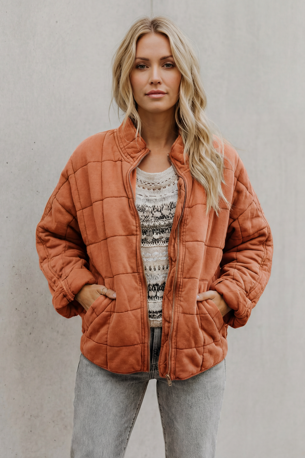 Women's Quilted Bomber Jacket Zip-Up Stand Collar Olive Green Everyday