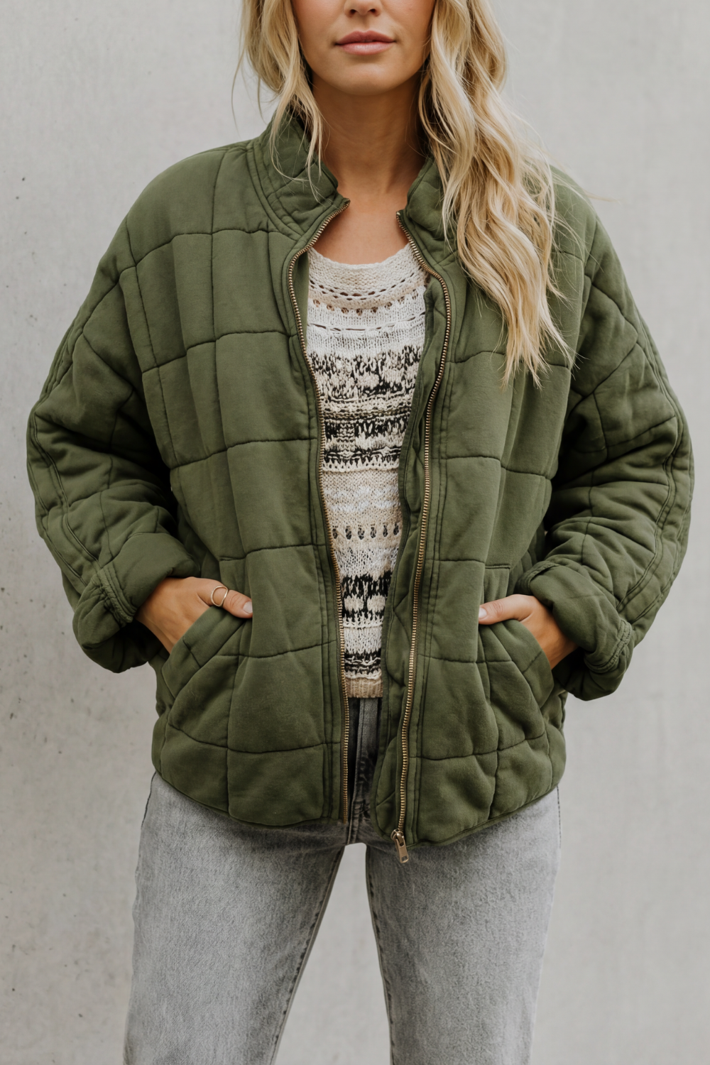 Women's Quilted Bomber Jacket Zip-Up Stand Collar Olive Green Everyday