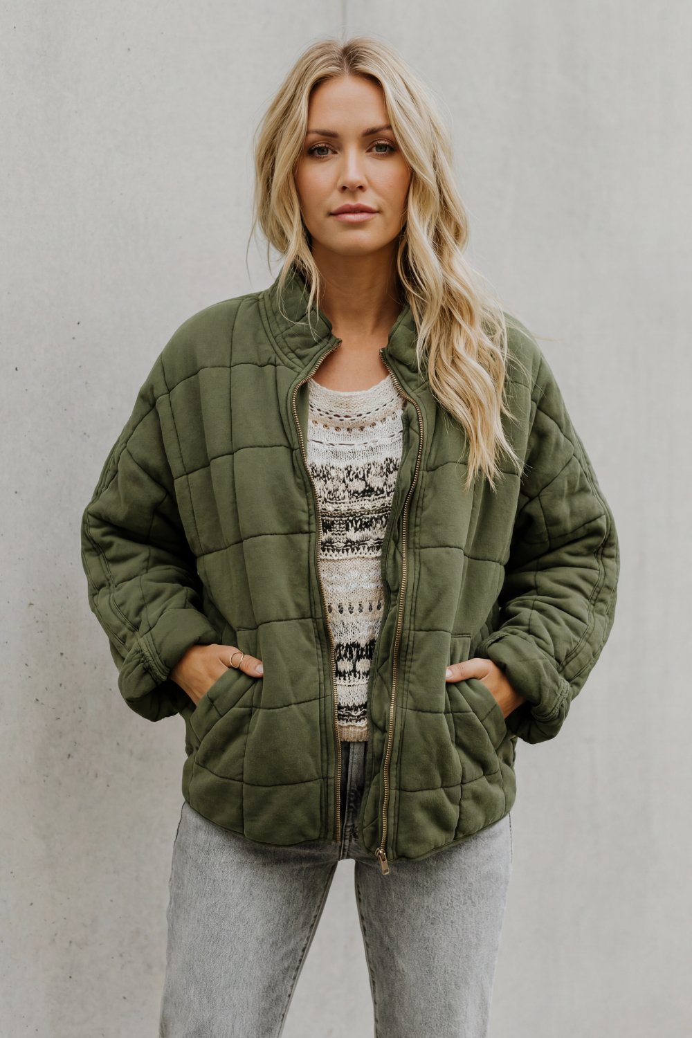 Women's Quilted Bomber Jacket Zip-Up Stand Collar Olive Green Everyday