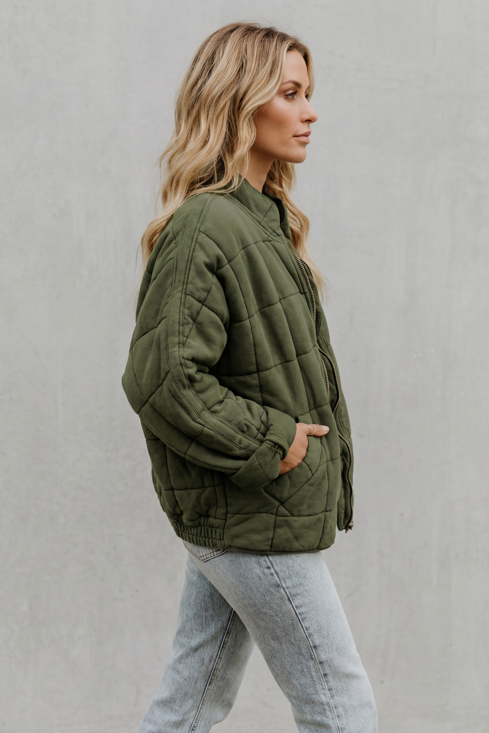 Women's Quilted Bomber Jacket Zip-Up Stand Collar Olive Green Everyday