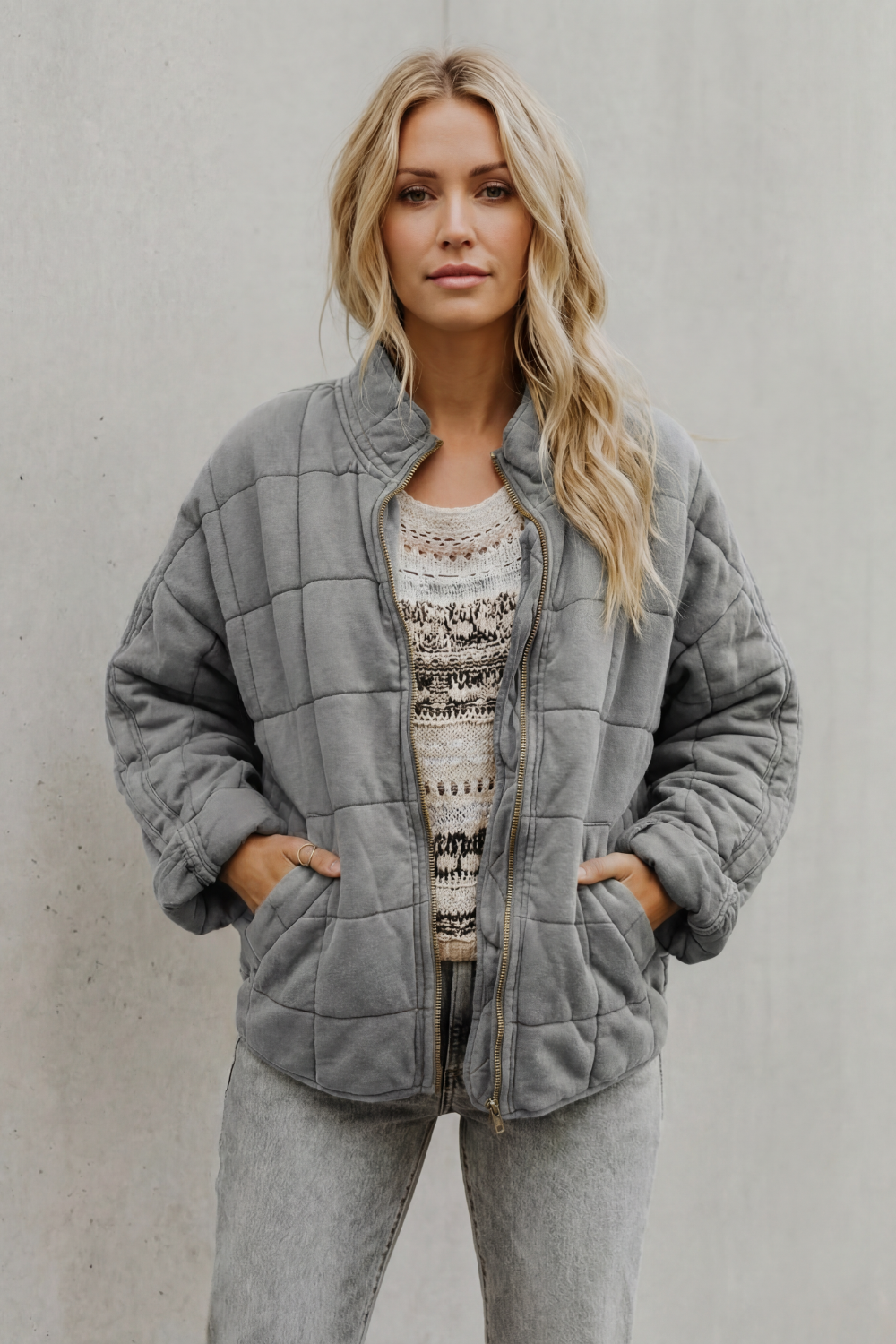 Women's Quilted Bomber Jacket Zip-Up Stand Collar Olive Green Everyday