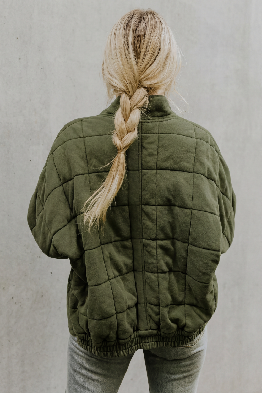 Women's Quilted Bomber Jacket Zip-Up Stand Collar Olive Green Everyday