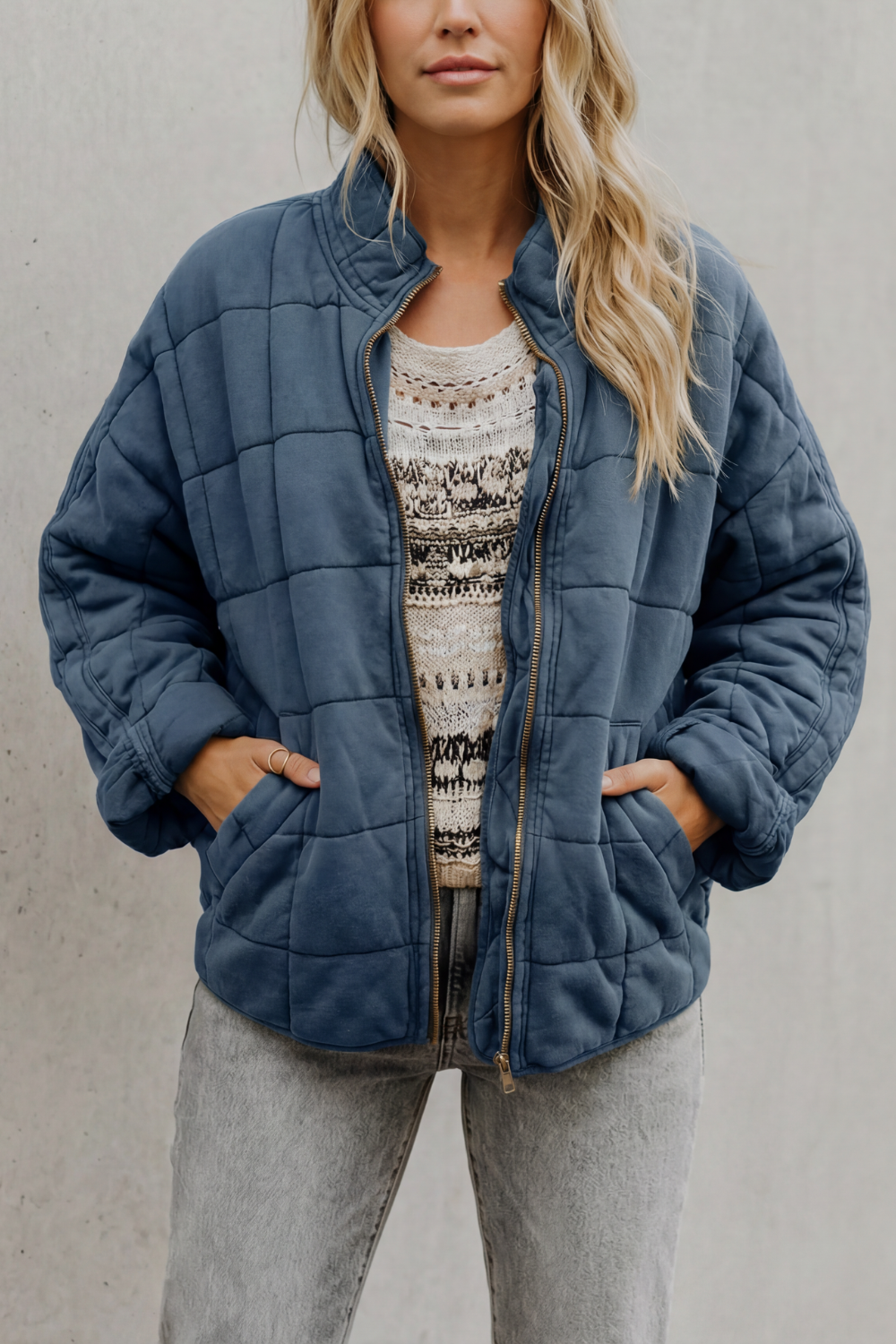 Women's Quilted Bomber Jacket Zip-Up Stand Collar Olive Green Everyday
