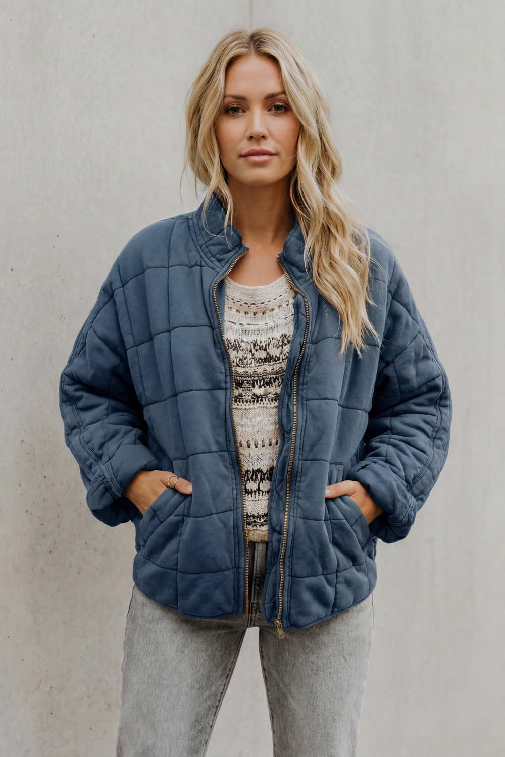 Women's Quilted Bomber Jacket Zip-Up Stand Collar Olive Green Everyday