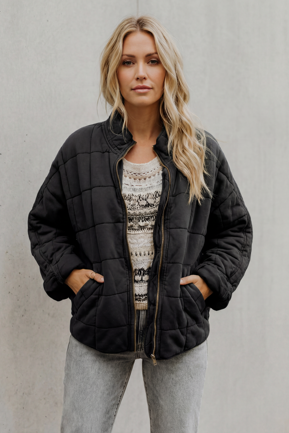 Women's Quilted Bomber Jacket Zip-Up Stand Collar Olive Green Everyday