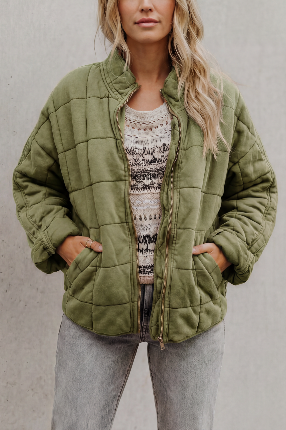 Women's Quilted Bomber Jacket Zip-Up Stand Collar Olive Green Everyday