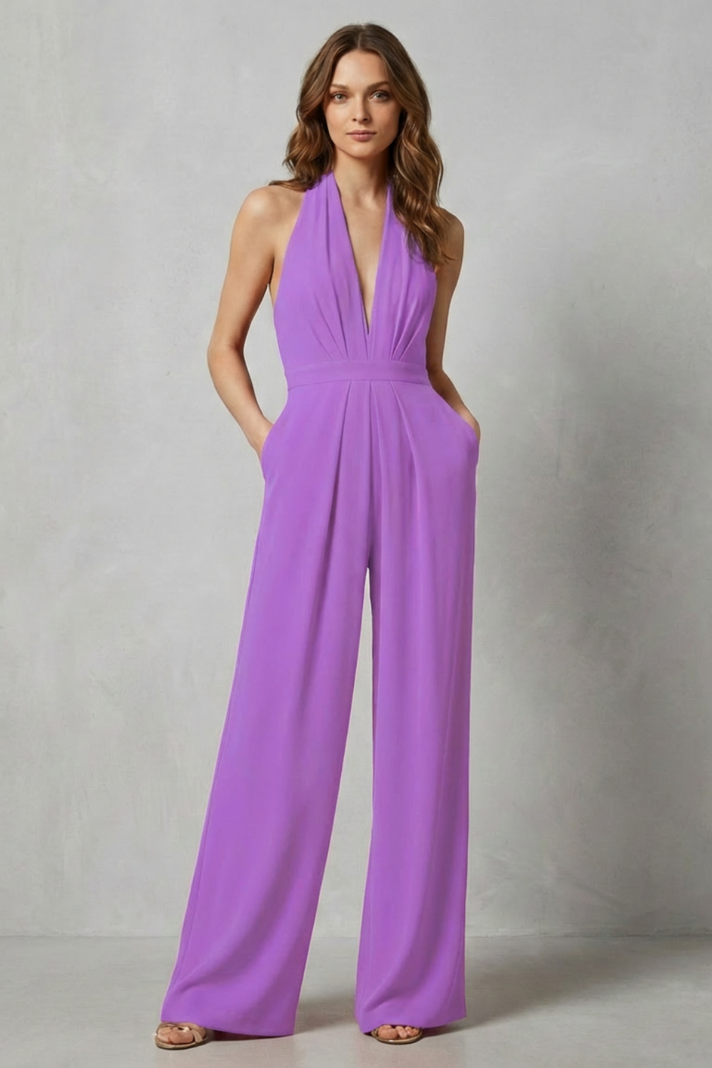 Women's Halter Jumpsuit Deep V-Neck Backless Wide Leg Red Evening