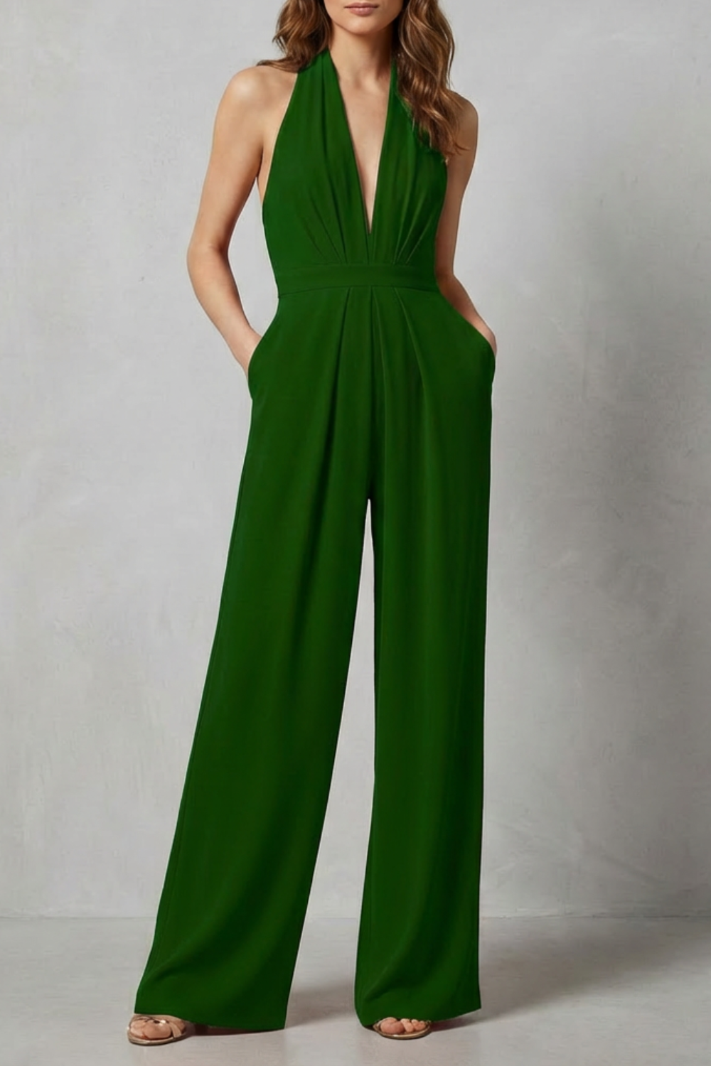 Women's Halter Jumpsuit Deep V-Neck Backless Wide Leg Red Evening