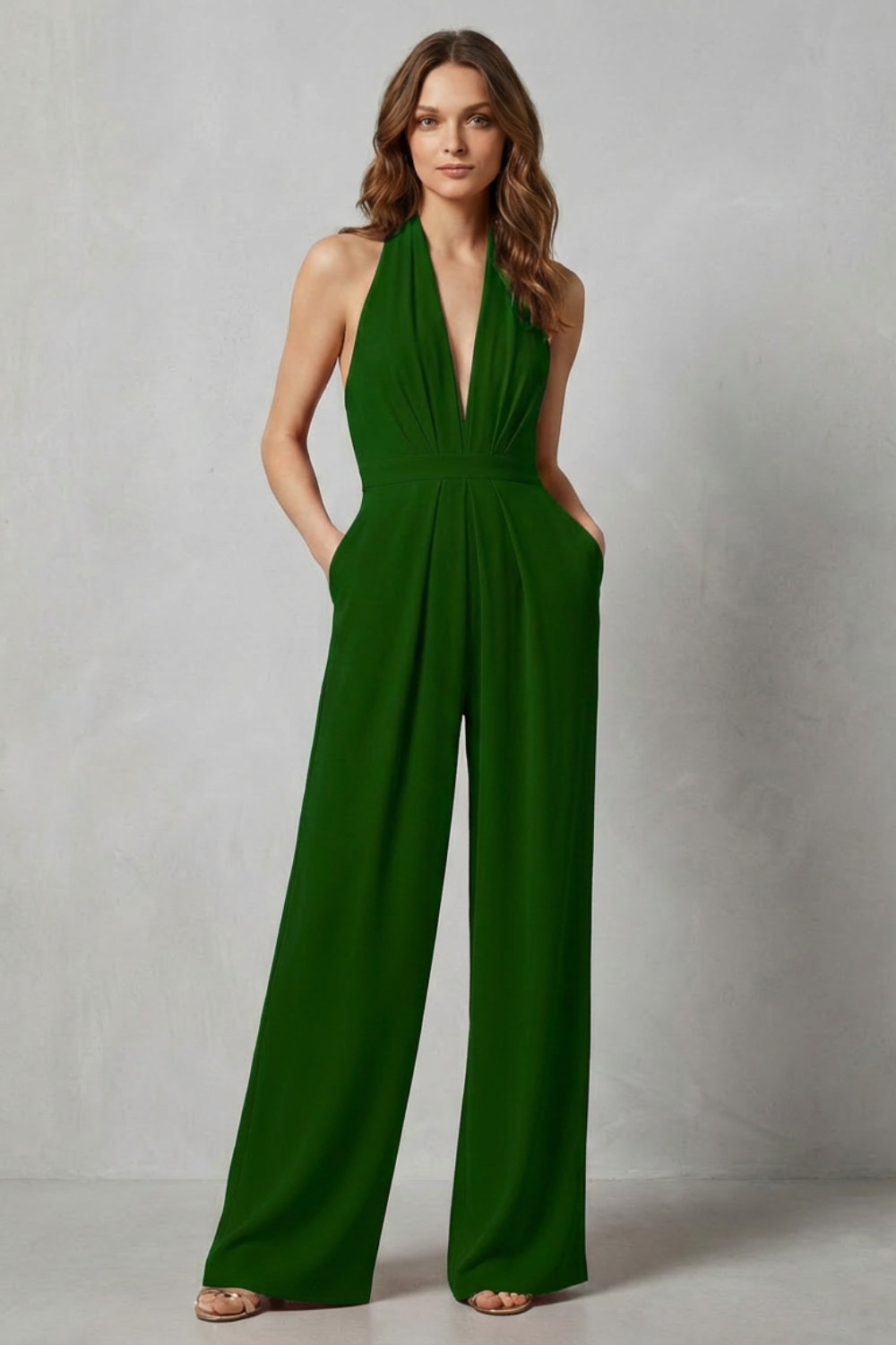 Women's Halter Jumpsuit Deep V-Neck Backless Wide Leg Pockets