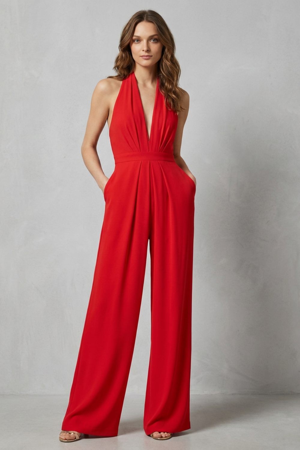 Women's Halter Jumpsuit Deep V-Neck Backless Wide Leg Pockets