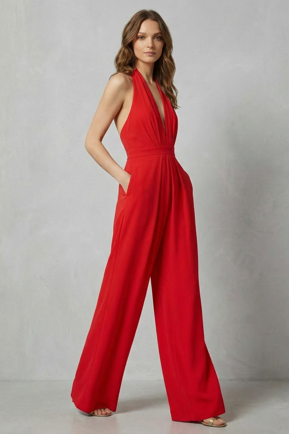 Women's Halter Jumpsuit Deep V-Neck Backless Wide Leg Pockets