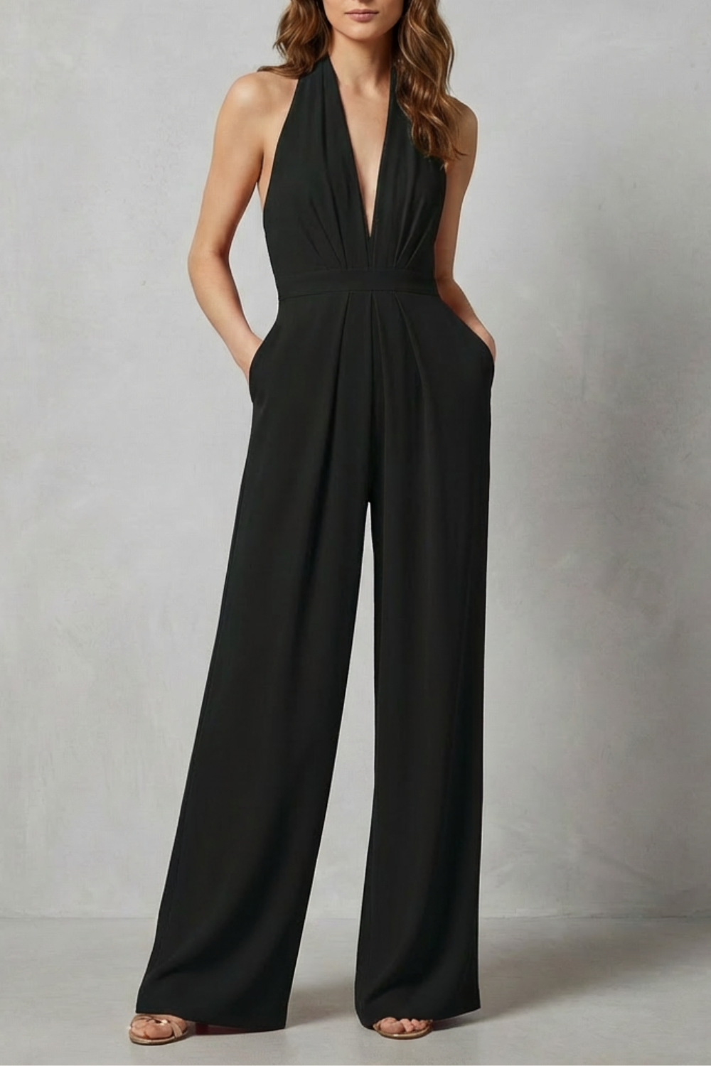 Women's Halter Jumpsuit Deep V-Neck Backless Wide Leg Red Evening