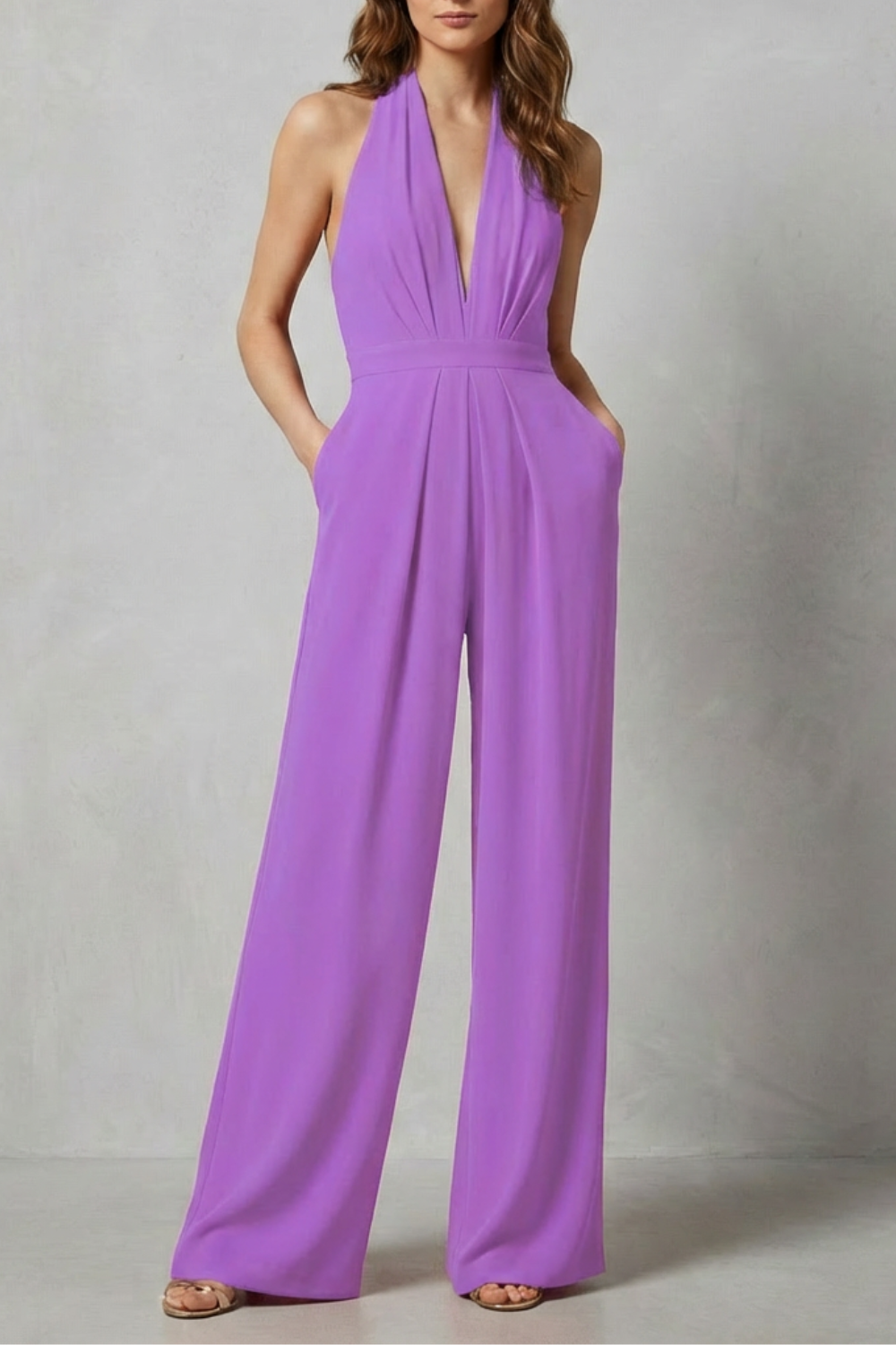 Women's Halter Jumpsuit Deep V-Neck Backless Wide Leg Pockets
