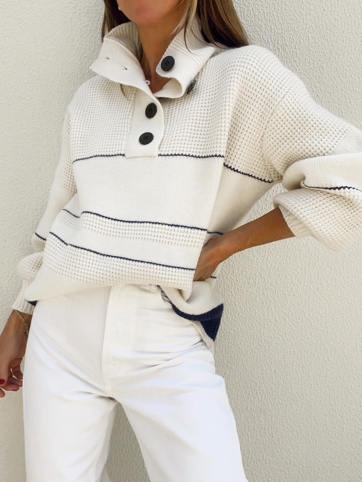 Women's Button Collar Knit Pullover Sweater Striped Long Sleeve Mock Neck