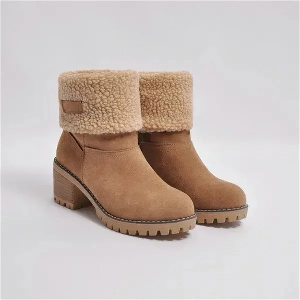 Women's Faux Fur Cuffed Ankle Boots Block Heel Winter Snow Booties