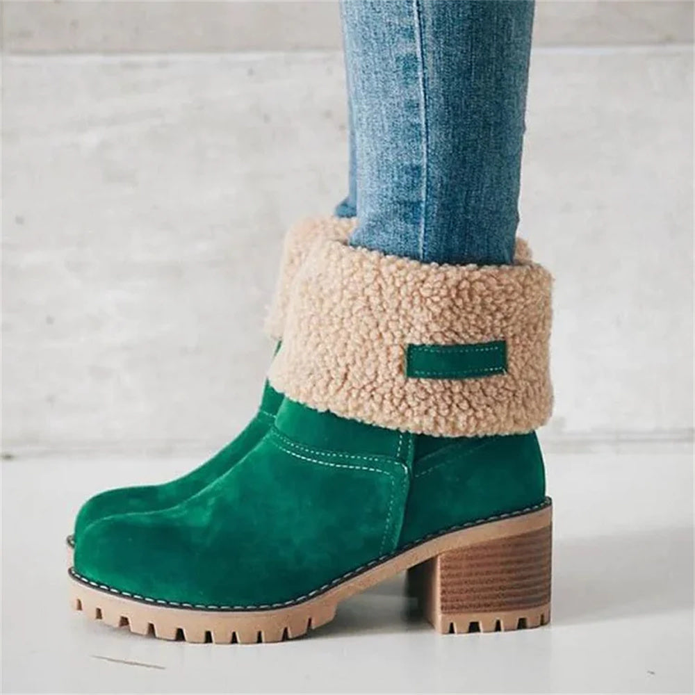 Women's Faux Fur Cuffed Ankle Boots Block Heel Winter Snow Booties