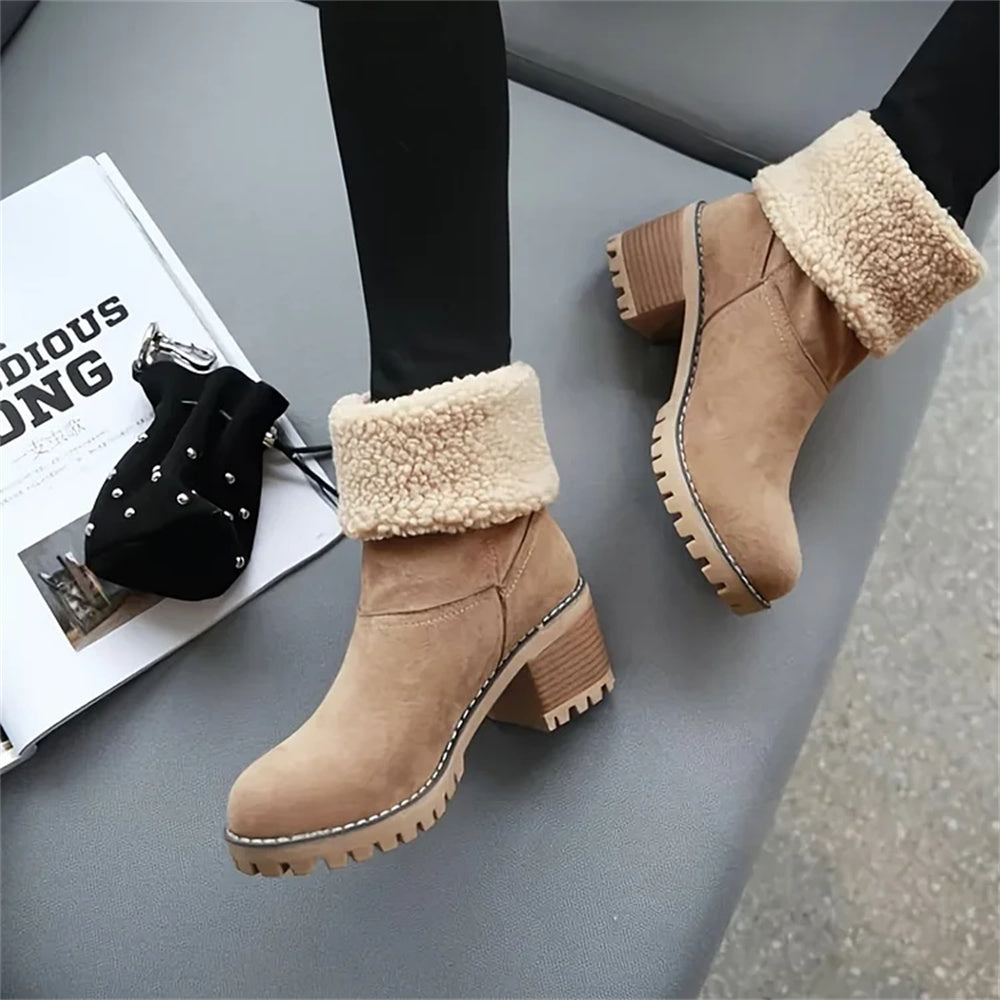 Women's Faux Fur Cuffed Ankle Boots Block Heel Winter Snow Booties