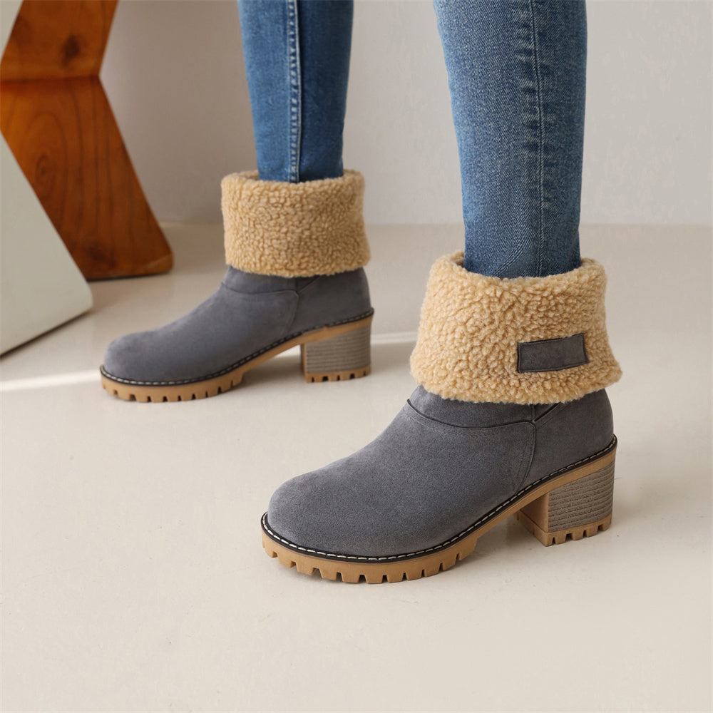 Women's Faux Fur Cuffed Ankle Boots Block Heel Winter Snow Booties