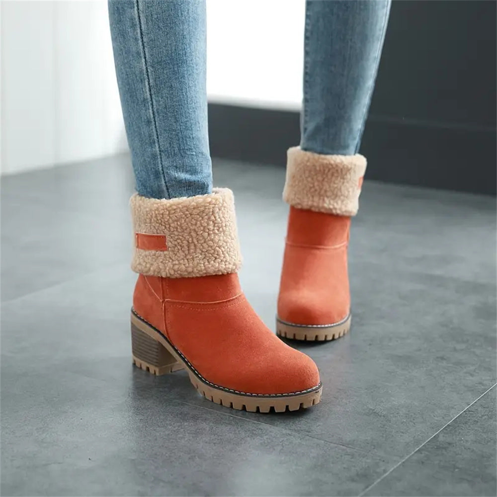 Women's Faux Fur Cuffed Ankle Boots Block Heel Winter Snow Booties