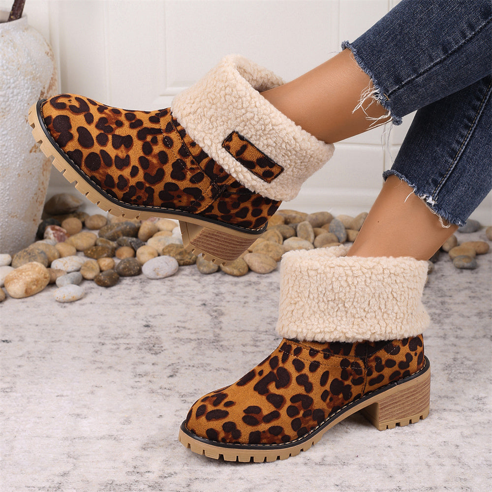 Women's Faux Fur Cuffed Ankle Boots Block Heel Winter Snow Booties