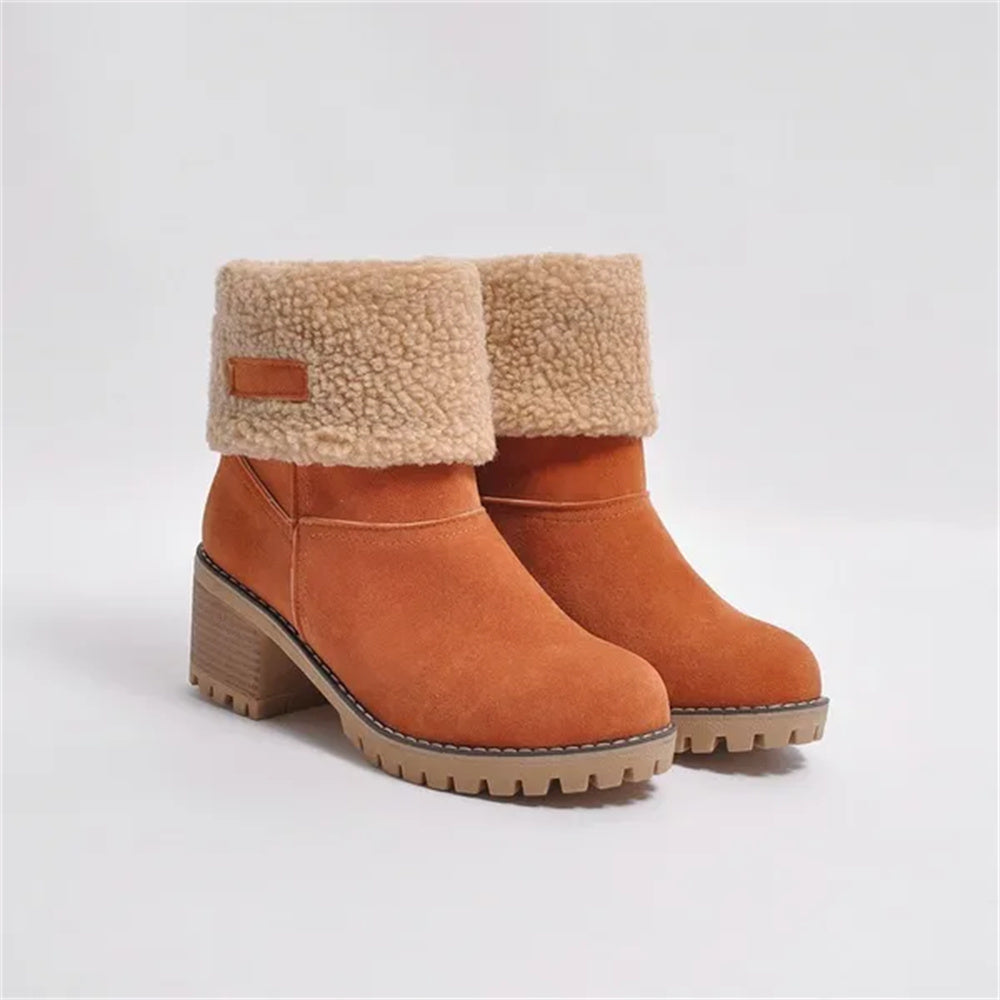 Women's Faux Fur Cuffed Ankle Boots Block Heel Winter Snow Booties