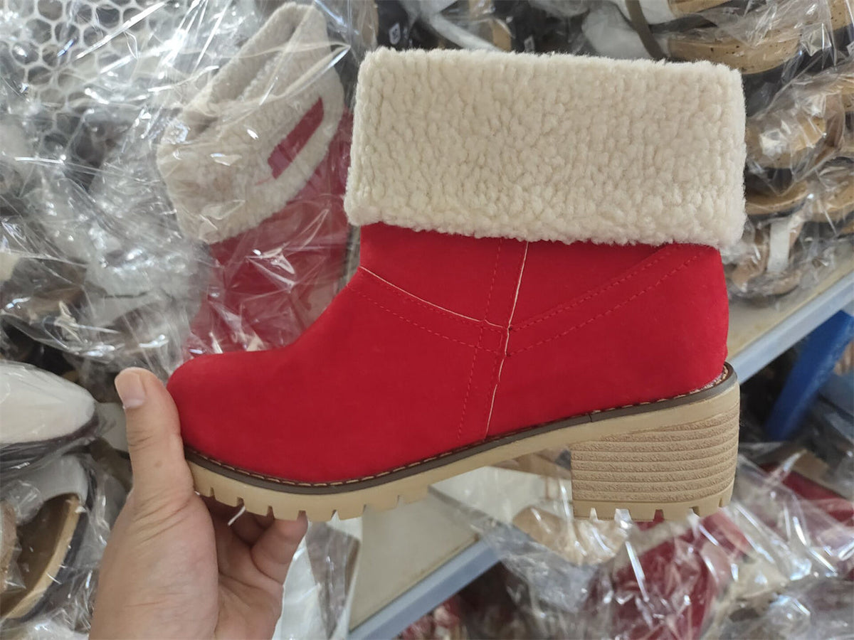 Women's Faux Fur Cuffed Ankle Boots Block Heel Winter Snow Booties