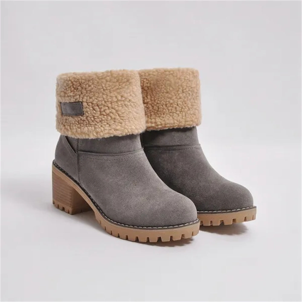 Women's Faux Fur Cuffed Ankle Boots Block Heel Winter Snow Booties