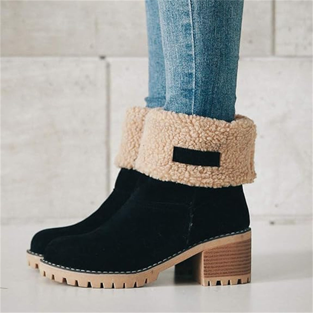 Women's Faux Fur Cuffed Ankle Boots Block Heel Winter Snow Booties