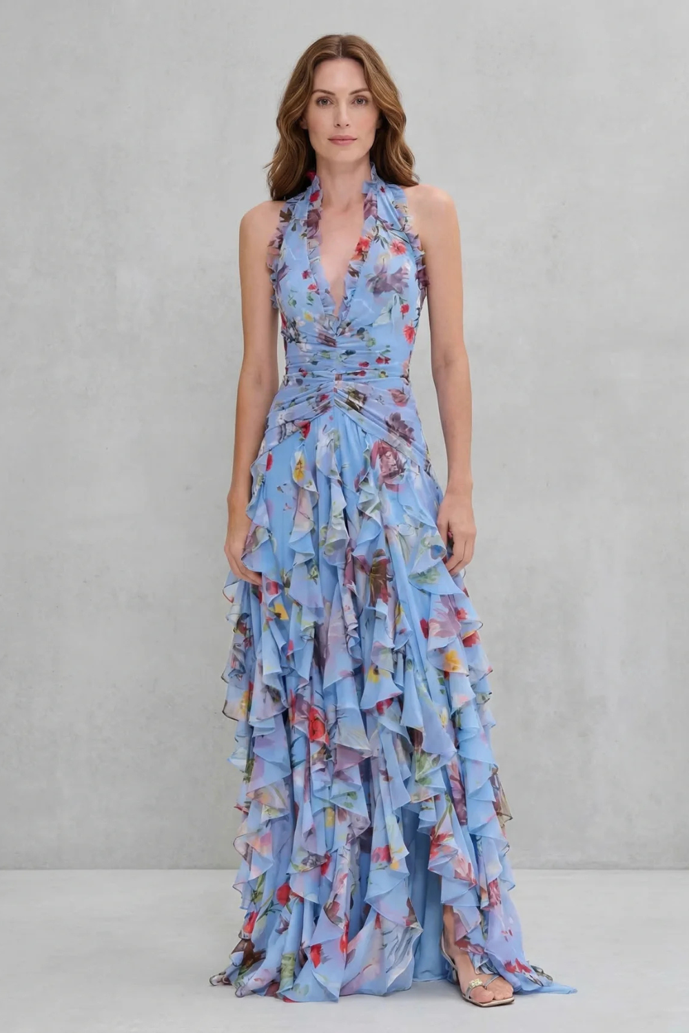 Women's Floral Halter Maxi Dress V-Neck Ruffle Backless Beach Party Gown