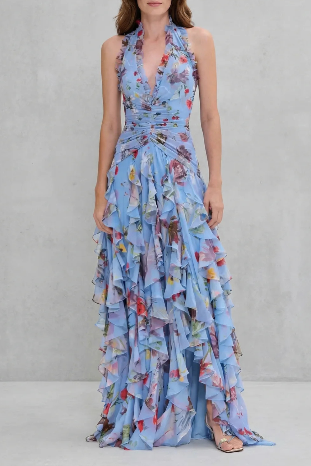Women's Floral Halter Maxi Dress V-Neck Ruffle Backless Beach Party Gown