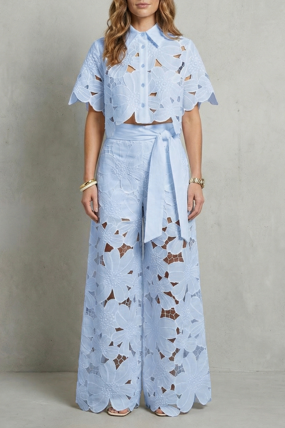 Women's Floral Lace Cutout Crop Top & Wide Leg Pants Set Short Sleeve White