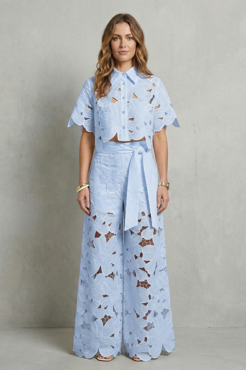Women's Floral Lace Cutout Crop Top & Wide Leg Pants Set Short Sleeve White