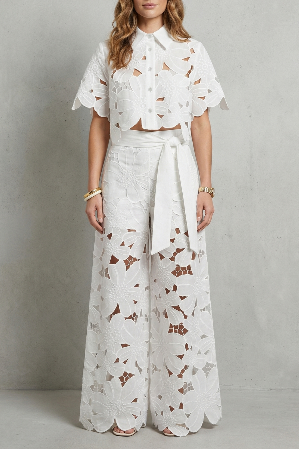 Women's Floral Lace Cutout Crop Top & Wide Leg Pants Set Short Sleeve White