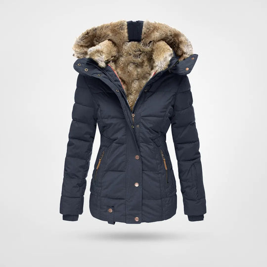 Women's Hooded Puffer Jacket – Mid-Length Quilted Fur Trim Winter Coat