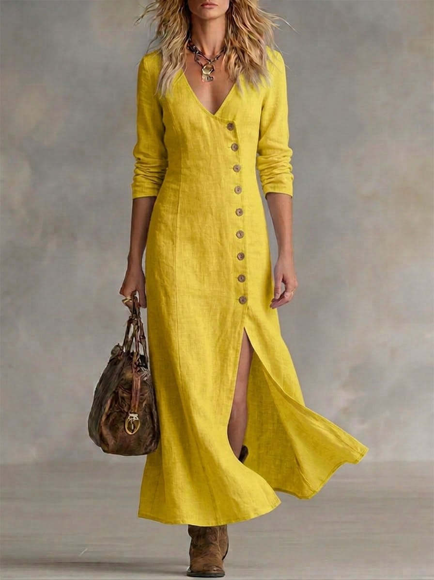 Women's Boho Maxi Dress V-Neck Long Sleeve Button Front Linen High Slit Casual