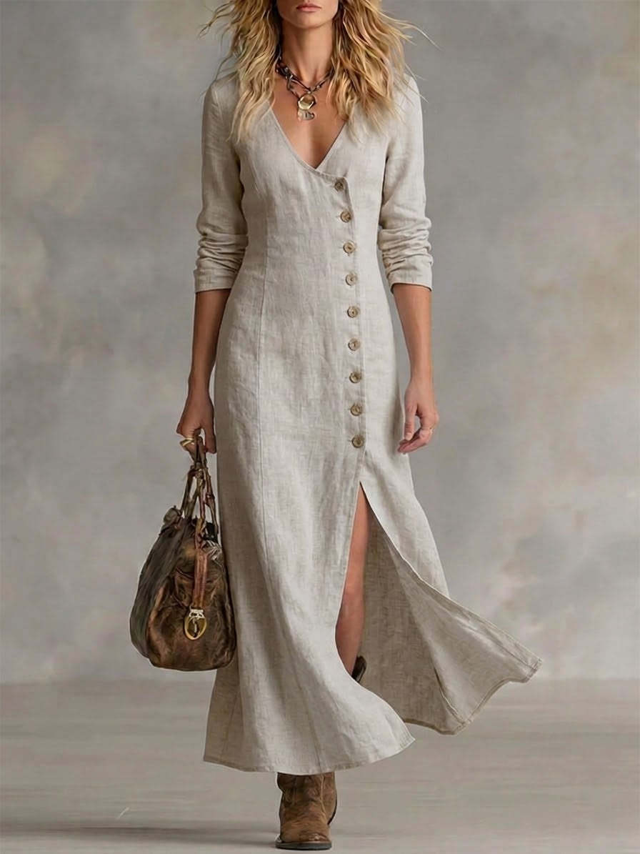 Women's Boho Maxi Dress V-Neck Long Sleeve Button Front Linen High Slit Casual