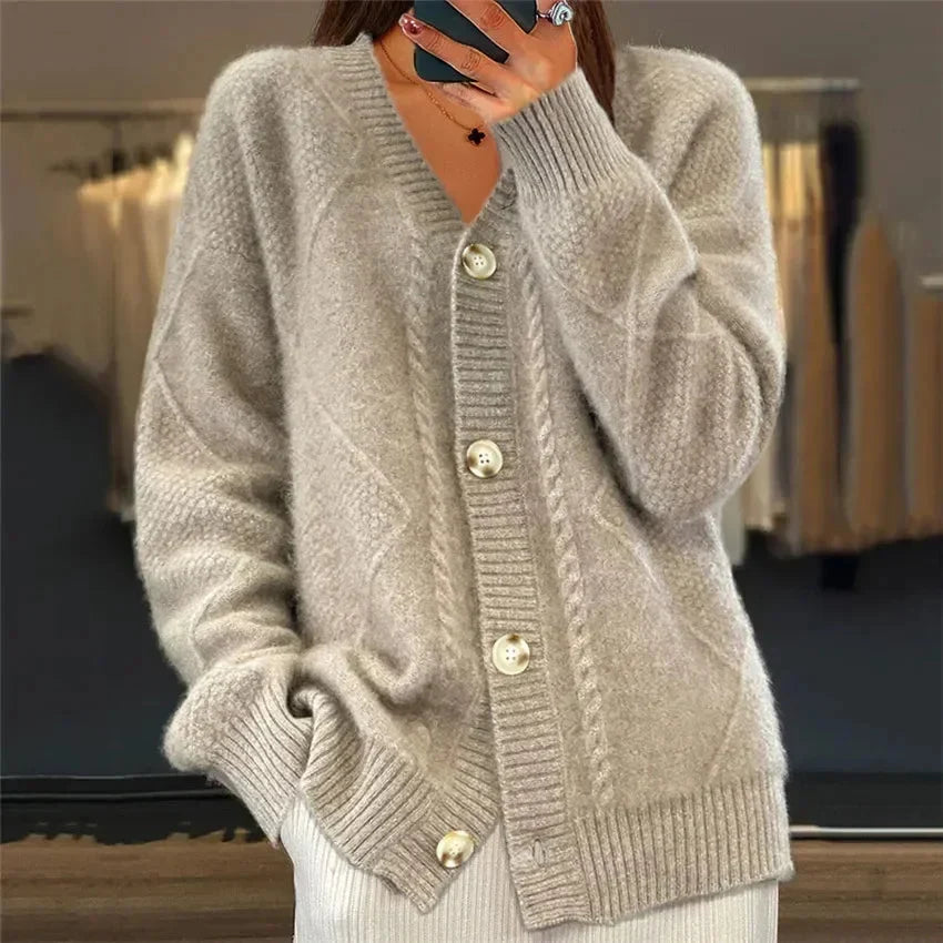 Women's Button Front Cardigan V-Neck Cable Knit Long Sleeve Everyday Layer