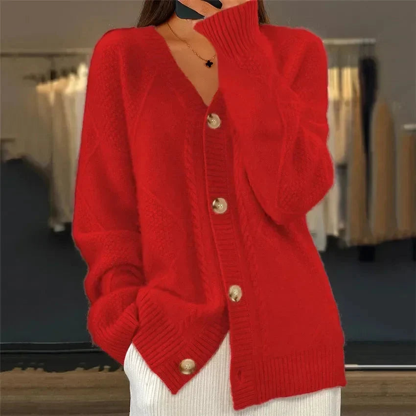 Women's Button Front Cardigan V-Neck Cable Knit Long Sleeve Everyday Layer
