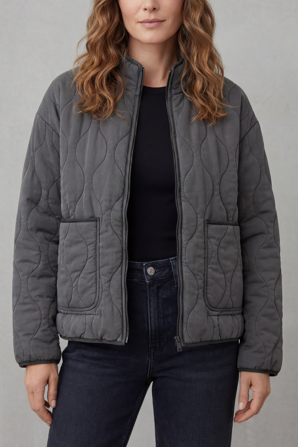 Women's Quilted Jacket Zip-Up Stand Collar Onion Quilt Pocket Casual