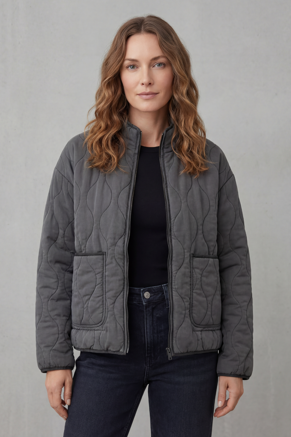 Women's Quilted Jacket Zip-Up Stand Collar Onion Quilt Pocket Casual