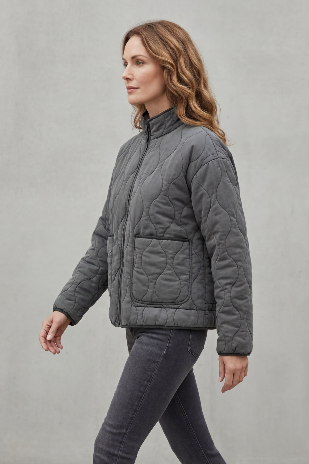 Women's Quilted Jacket Zip-Up Stand Collar Onion Quilt Pocket Casual